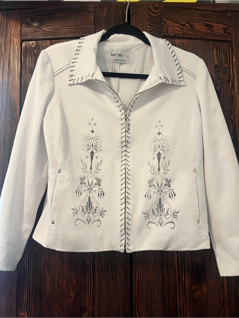 Lanalee petite White Zip-Front Jacket with Black Embroidered Detail